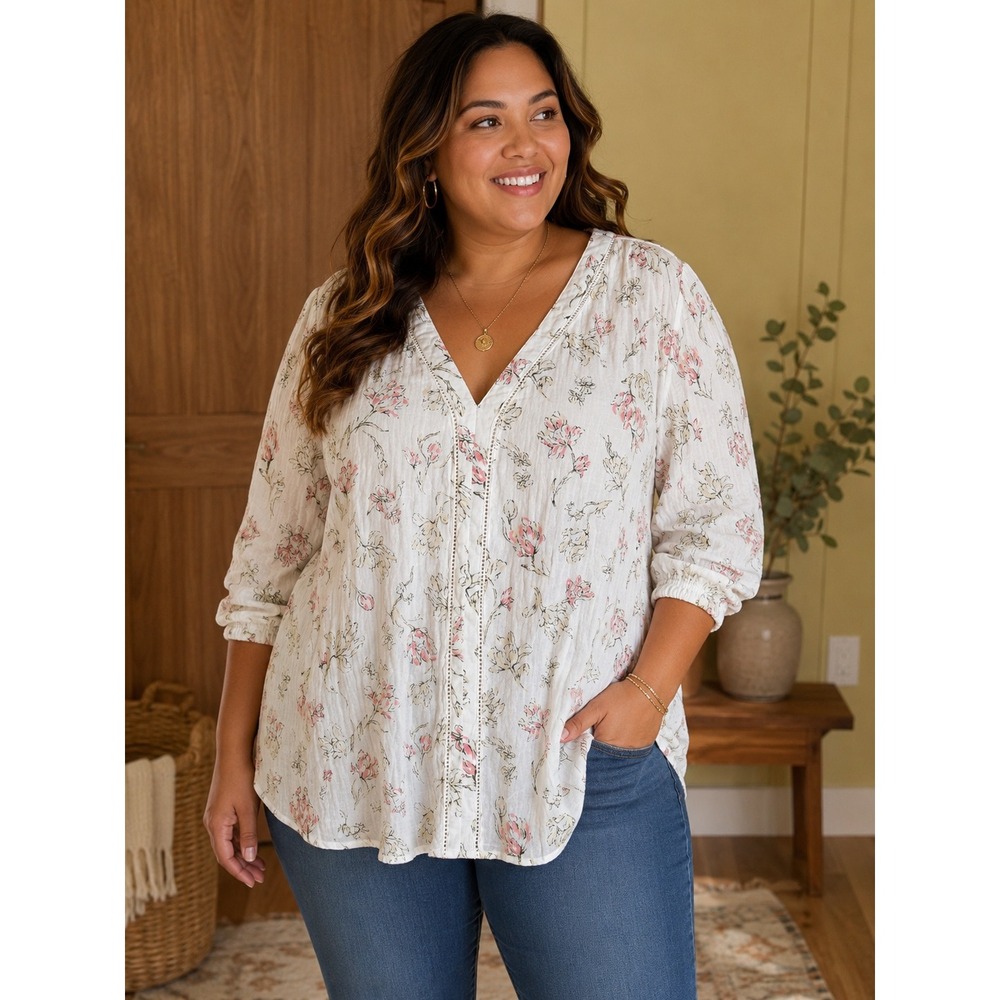 513. Cottagecore Style & Co Floral Cotton Gauze Blouse XL Crochet Trim Top